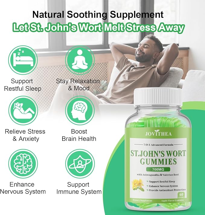 2 Pack St John's Wort Gummies 700mg Natural Herbal Supplement for Adults &amp Kids Support Calm Relaxation &amp Brain Health Vegan Non-GMO Gluten Free Apple Flavor 120 Count