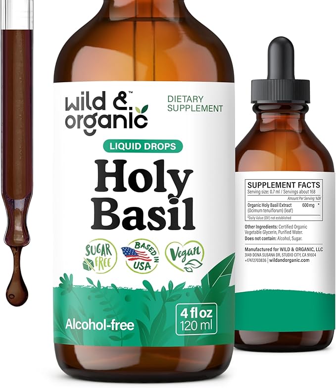 Wild &amp Organic Holy Basil Tincture - Relaxation &amp Calmness Support - Liquid Holy Basil Leaf Supplement - Tulsi Drops - Vegan Sugar &amp Alcohol-Free Extract - 4 fl oz