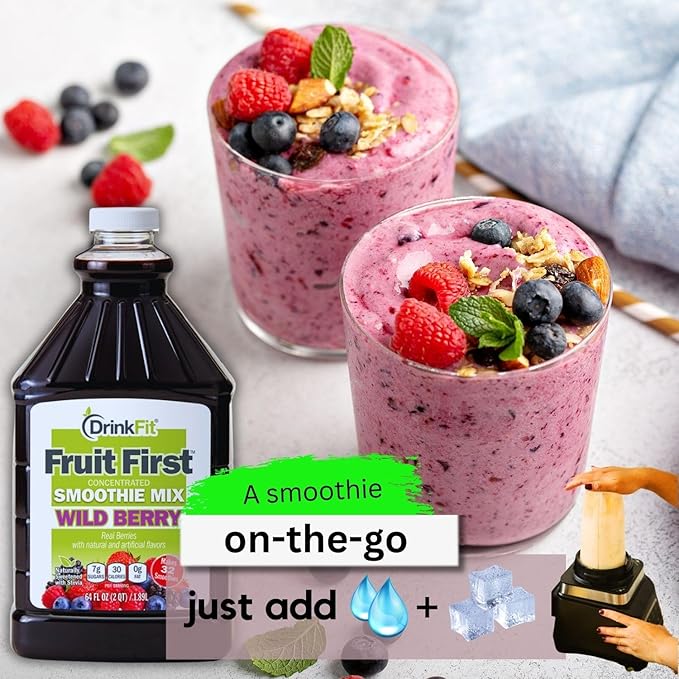 DrinkFit Fruit Smoothie | Real Fruit Puree Low Sugar Gluten:Free &amp Non:GMO Wildberry Smoothie Mix : Makes 32 Smoothies 64 Fl Oz (Wild Berry)