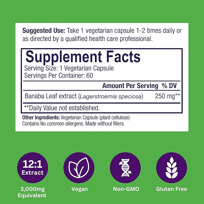Paradise Herbs Banaba Leaf 12:1 Concentrated Extract 250 mg Vegan Gluten-Free Non-GMO 60 Capsules (Pack of 2)