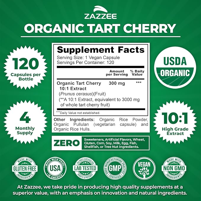 Zazzee USDA Organic Tart Cherry 10:1 Extract 120 Vegan Capsules 4 Month Supply Montmorency Cherry Daily Wellness Antioxidant Support Organic Herbal Supplement All-Natural Non-GMO Made in USA