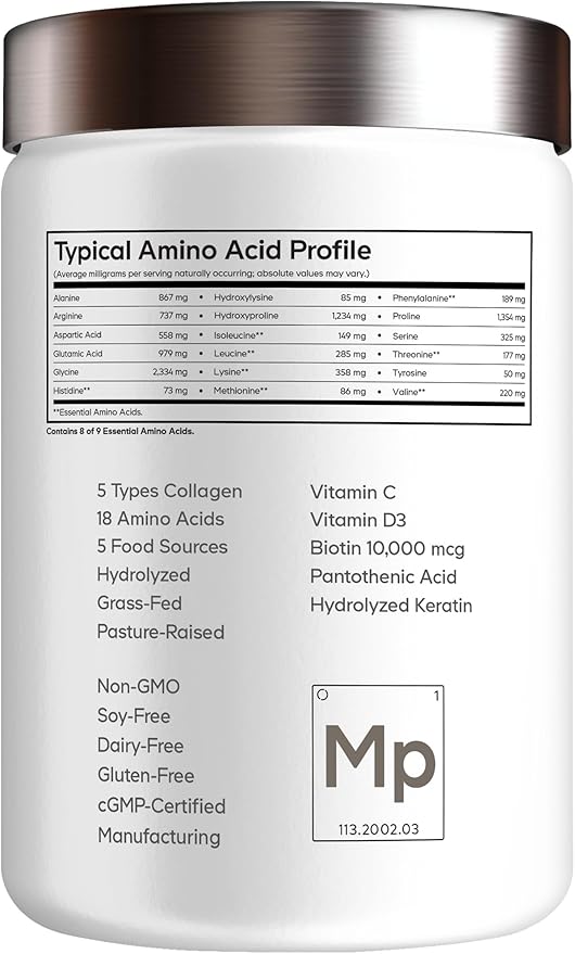 Codeage Multi Collagen for Women &amp Men Biotin 10000mcg Keratin Protein Powder Vitamin C B6 D3 Hyaluronic Acid Niacin - Hydrolyzed Collagen Coffee Creamer 5 Types - Unflavored - Non-GMO - 11.5oz