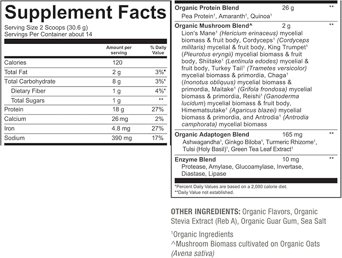 PlantFusion Mushroom Protein Powder - 3 in 1 Vegan Protein Powder Mushroom Supplement and Adaptogen Supplement - Support Mental Focus Immunity and Recovery - Vanilla 1lb