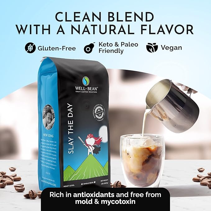 Well-Bean Coffee - Slay the Day Whole Bean Coffee Dark Brazilian Coffee Vegan Coffee Beans Whole Gluten-Free and Keto Friendly Dark Roasted Coffee 2 lb Coffee…