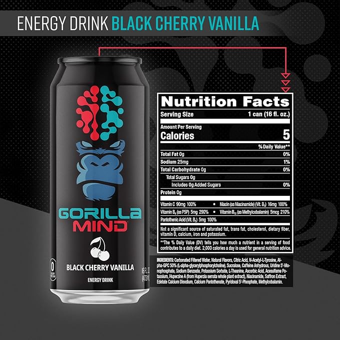 Gorilla Mind Energy Drink | Unmatched Energy · Amplified Focus | N-Acetyl-L-Tyrosine Alpha-GPC 200mg Caffeine Uridine Saffron | 0 Sugar Or Artificial Colors | 16oz 12-Pack (Black Cherry Vanilla)
