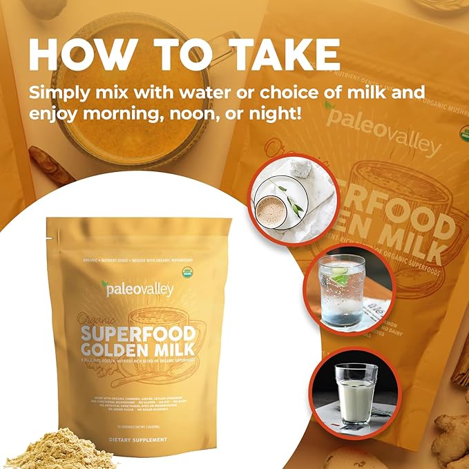 Paleovalley Organic Superfood Golden Milk - Immune Focus Cognitive Longevity - Turmeric MCT-Rich Coconut Milk Functional Mushrooms 30 Servings