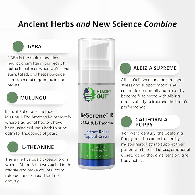 Healthy Gut BeSerene IR | GABA &amp L-Theanine | Instant Relief Topical Cream | 1.9 OZ