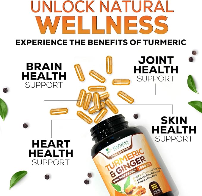 Turmeric Curcumin Supplement - 95% Curcuminoids with Organic Turmeric &amp Ginger BioPerine Black Pepper Extract for Best Absorption Natural Vegan Joint Support Non-GMO Bottled in USA - 180 Capsu