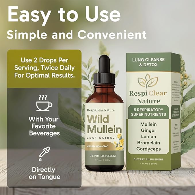 1Pcs Wild Mullein Leaf ExtractGinger &amp Lemon for Lung Cleanse Vegan Non-GMO (1 Bottle)