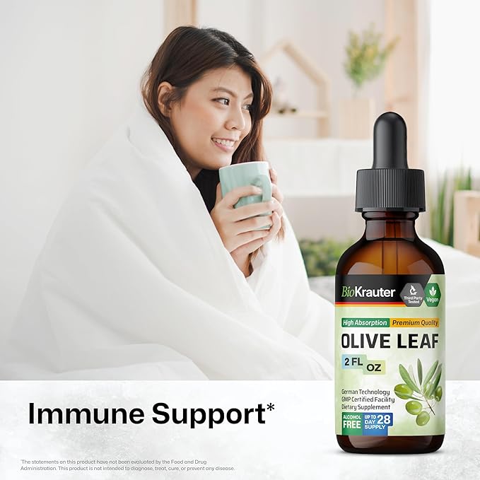 BIO KRAUTER® Olive Leaf Extract for Immune Support - Pure Vegan Oleuropein &amp Hydroxytyrosol Supplement - Used for Daily Wellness &amp Antioxidant Support - Alcohol &amp Sugar Free 2 Fl.Oz 28-Da