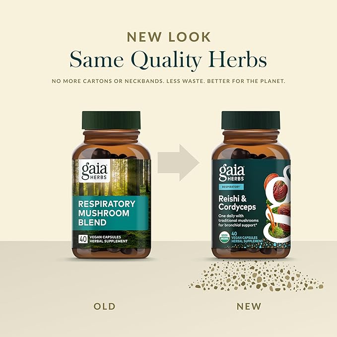 Gaia Herbs Reishi &amp Cordyceps - Immune Support with Mushrooms Traditionally Used to Help Maintain Lung &amp Respiratory Health* - with Reishi &amp Cordyceps - 40 Vegan Capsules (40 Servings)