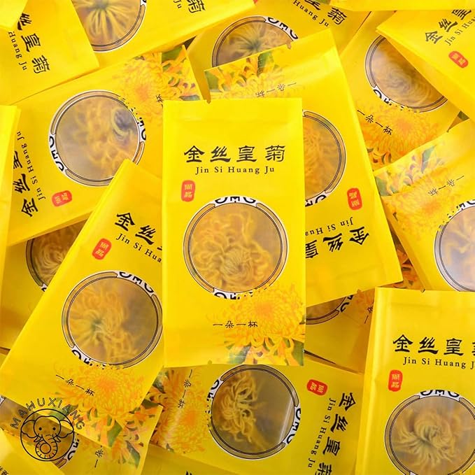 MAHUXIANG Golden Silk Chrysanthemum Tea Bags 100 Individual Tea Sachets – 1 Whole Flower Bud per Bag Caffeine-Free Herbal Tea Gluten-Free