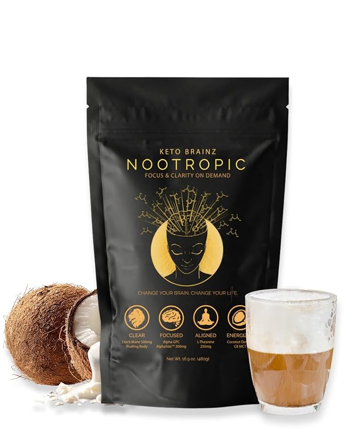 Keto Brainz C8MCT Based Nootropic - with 500mg Lion's Mane Mushroom AlphaGPC &amp L-Theanine This is The Ultimate Easy to use nootropic Stack &amp Makes Delicious Mushroom Coffee! 16oz. 30 Servings