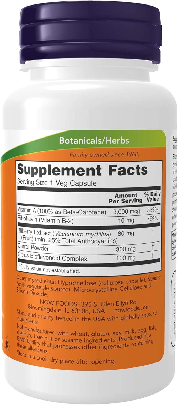 NOW Foods Supplements Bilberry (Vaccinium myrtillus)Complex 80 mg with Beta-Carotene &amp Riboflavin 100 Veg Capsules