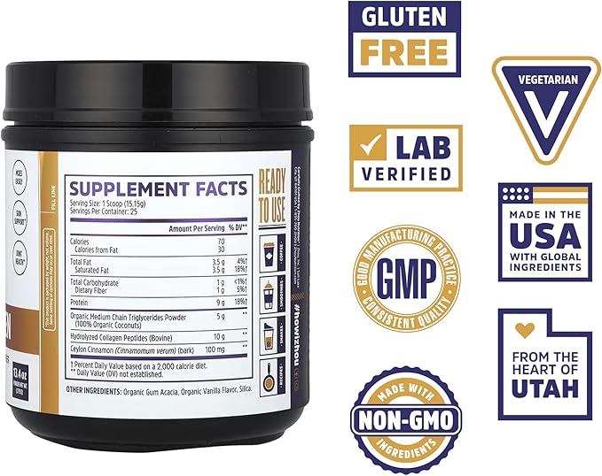 Zhou MCT Flavored Collagen Peptides Powder for Women and Men - Hydrolyzed Collagen Supplement with MCT for Joints Bones Hair Skin &amp Nails - Natural Vanilla Flavor 13.4 oz