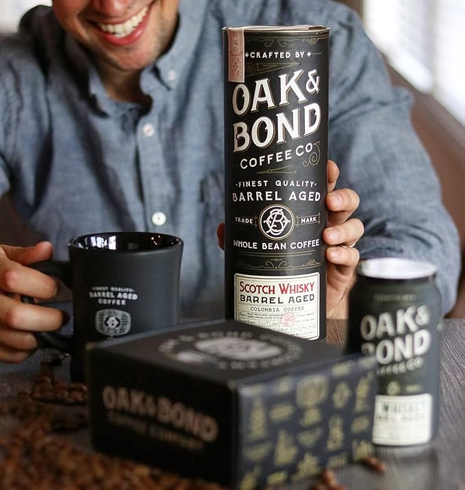 Scotch Whisky Barrel Aged Coffee Colombia Single Origin Washed Whole Coffee Bean Medium Roast w/Flavor Notes of Milk Chocolate Raspberry Honey Silky Scotch by Oak &amp Bond Coffee Co. – 10oz.