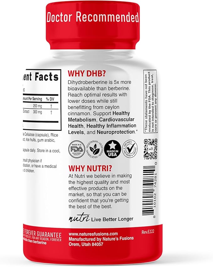 Dihydroberberine Supplement 200mg 60 Capsules - with Organic Ceylon Cinnamon 54X More Bioavailable Than Regular Berberine HCL - Nutri Supplements Dihydroberberine 200mg - 3rd Party Tested - Vegan