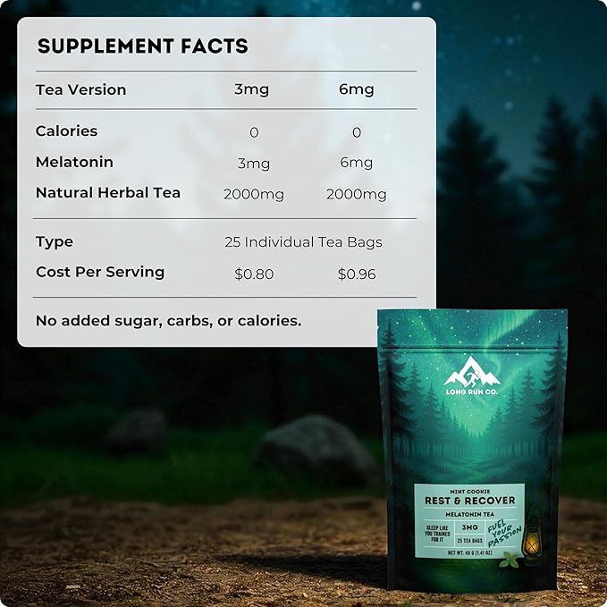 Rest &amp  Recover Sleep Tea by Long Run Co. – Caffeine‑Free Herbal Tea with Melatonin (25 Tea Bags) – All Natural Better Sleep &amp Recovery Wake Up Refreshed [6mg Melatonin Mint Cookie]