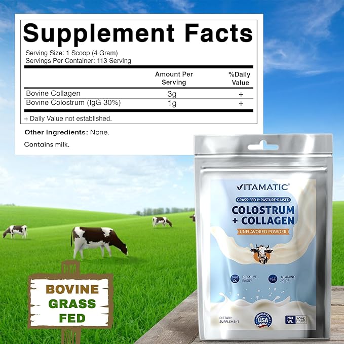 Vitamatic Bovine Colostrum + Collagen Powder - Supplement for Gut Health Hair Growth Beauty Muscle Recovery &amp Immune Support - Easy to Mix - Unflavored - 454 Gram (16 oz)
