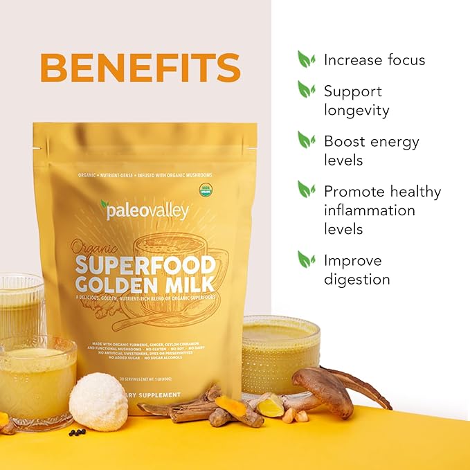 Paleovalley Organic Superfood Golden Milk - Immune Focus Cognitive Longevity - Turmeric MCT-Rich Coconut Milk Functional Mushrooms 30 Servings