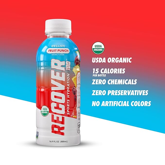 RECOVER 180 Organic Sports Hydration Drink No Sugar Added 20 Calorie Sports Beverage Organic Flavors With Vitamins Potassium-Packed Electrolytes (16.9 Fl Oz (Pack of 12) Fruit Punch)