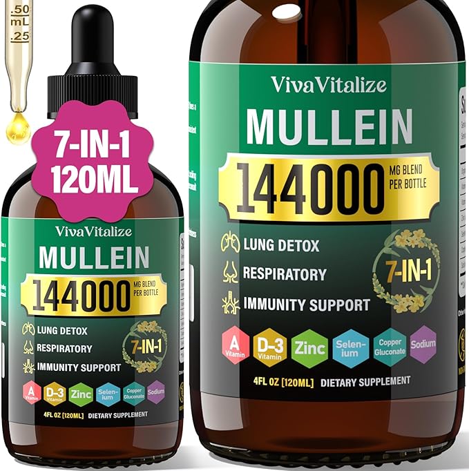 Mullein Drops for Lungs144000mg Mullein Leaf Extract for Lungs Cleanse &amp Respiratory Function Healthy Breathing Immune Digestive System Natural Herbal Supplement Sugar &amp Alcohol-Free120-Da