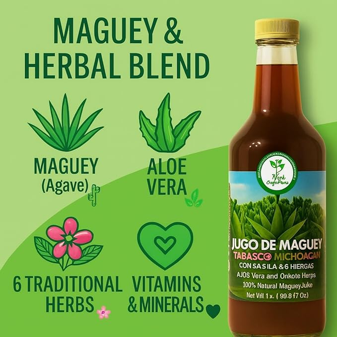 Maguey Jugo(Juice) w/ Aloe Vera &amp 6 Herbs (Sábila y 6 Hierbas)–1000 ml (1 L) Pure Agave Juice – 100% Artisanal Vegan Non-GMO–Natural Digestive Support – Rich in Vitamins B2 B3 &amp C IronCal