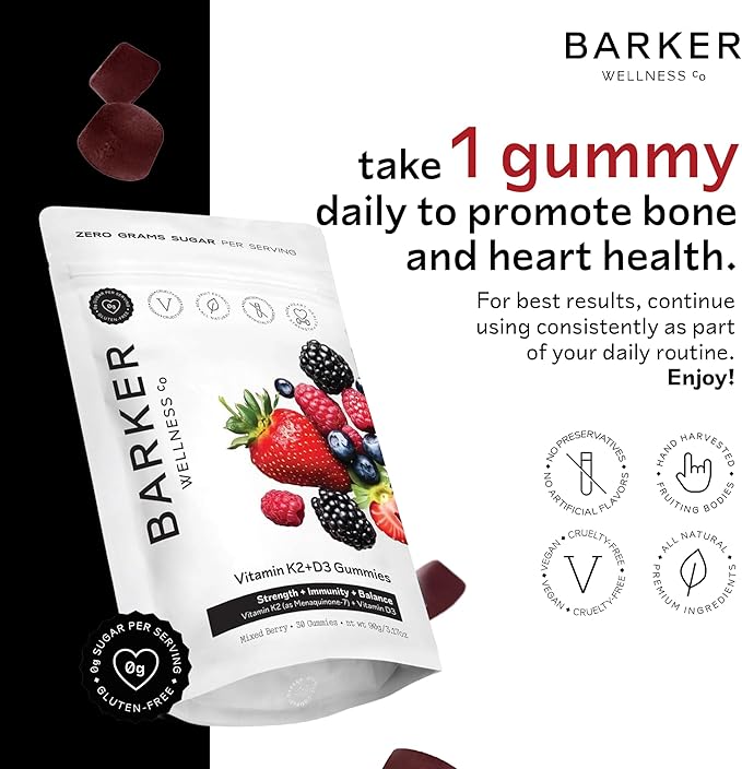 Barker Wellness D3 K2 Vitamin Gummies – Max Potency 6000IU D3 + 200mcg K2 for Strong Bones Cardiovascular Wellness Immune Support | Vegan Sugar-Free Delicious Mixed Berry | 30 Servings