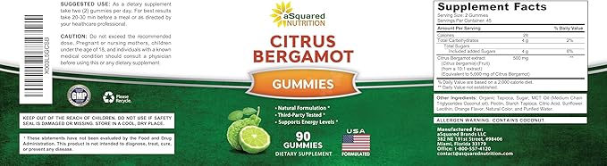 aSquared Nutrition Citrus Bergamot Gummies - Citrus Bergamot Extract Supplement 500mg Per Serving - Pure Gummy Alternative to Capsules &amp Pills