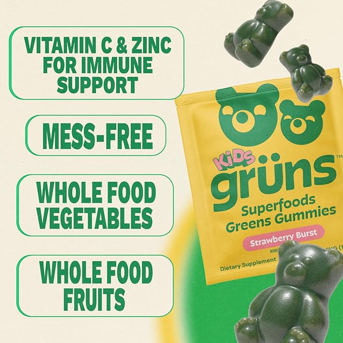 Gruns Multivitamin for Kids Super Greens Gummies Superfood Gummy Bears with 20+ Vitamins &amp Minerals Spirulina Chlorella Alfalfa Prebiotics Fiber for Digestive Health Adaptogens Supplement