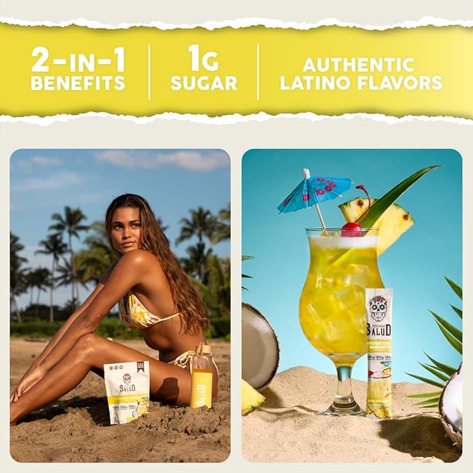 Salud 2-in-1 Hydration Packets + Immunity Electrolytes Powder Piña Colada - Agua Fresca Drink Mix Elderberry Dairy &amp Soy Free Non-GMO Gluten Free Vegan Low Calorie 1g Sugar (15 Servings)