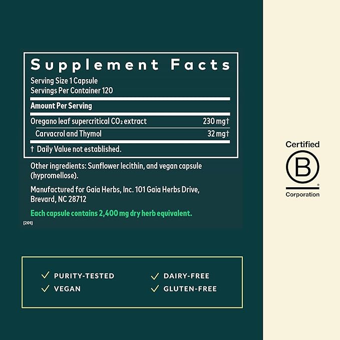 Gaia Herbs Oil of Oregano - Immune &amp Antioxidant Support Supplement - with Oregano Oil Carvacrol &amp Thymol* - 120 Vegan Liquid Phyto-Caps (120 Servings)