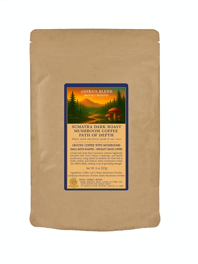 Path of Depth – Sumatra Dark Roast Mushroom Coffee | Single-Origin Arabica + 3-Mushroom Functional Blend | Smooth Earthy Low Acidity | Small-Batch Fresh Roasted