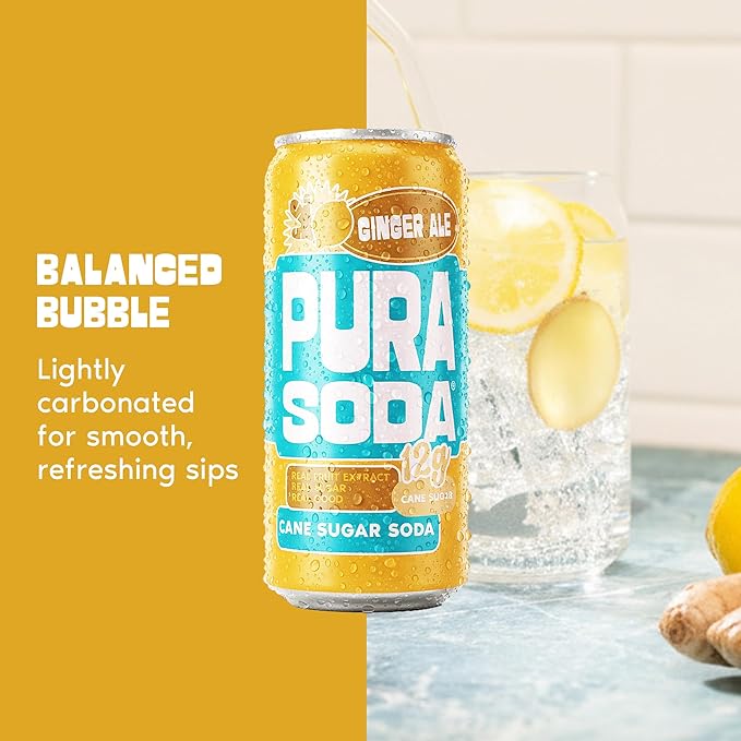 PuraSoda® Ginger Ale - 65 Calories &amp 12g Pure Cane Sugar per Can - Made with Pure Cane Sugar No Stevia or Artificial Blends - Non-GMO Vegan Clean &amp Refreshing Ginger Soft Drink - 10 fl oz C