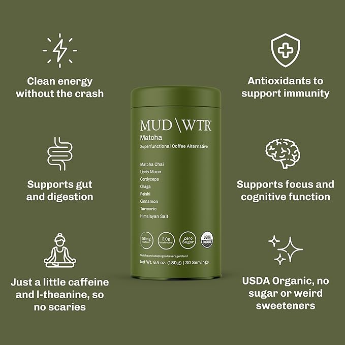 MUDWTR Mushroom Matcha Powder | 3000mg of Adaptogenic Mushrooms | Japanese Matcha Powder Blend | USDA Organic | Energy Focus &amp Immunity Support | Lion's Mane Chaga Reishi Cordyceps | 30 Servi