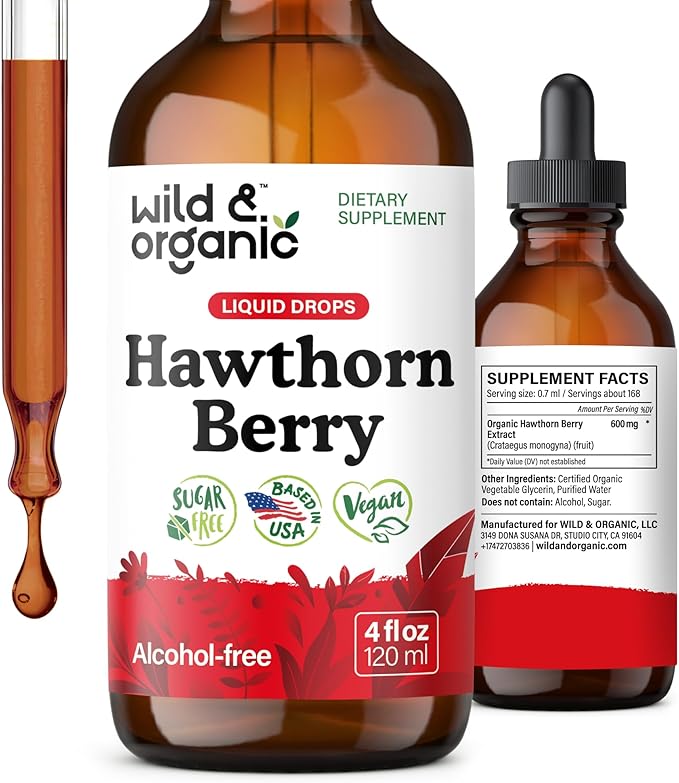 Wild &amp Organic Hawthorn Berry Tincture 600 mg - Liquid Hawthorne Berry Supplement for Overall Support - Vegan Sugar &amp Alcohol-Free Fruit Extract Drops - 4 fl oz
