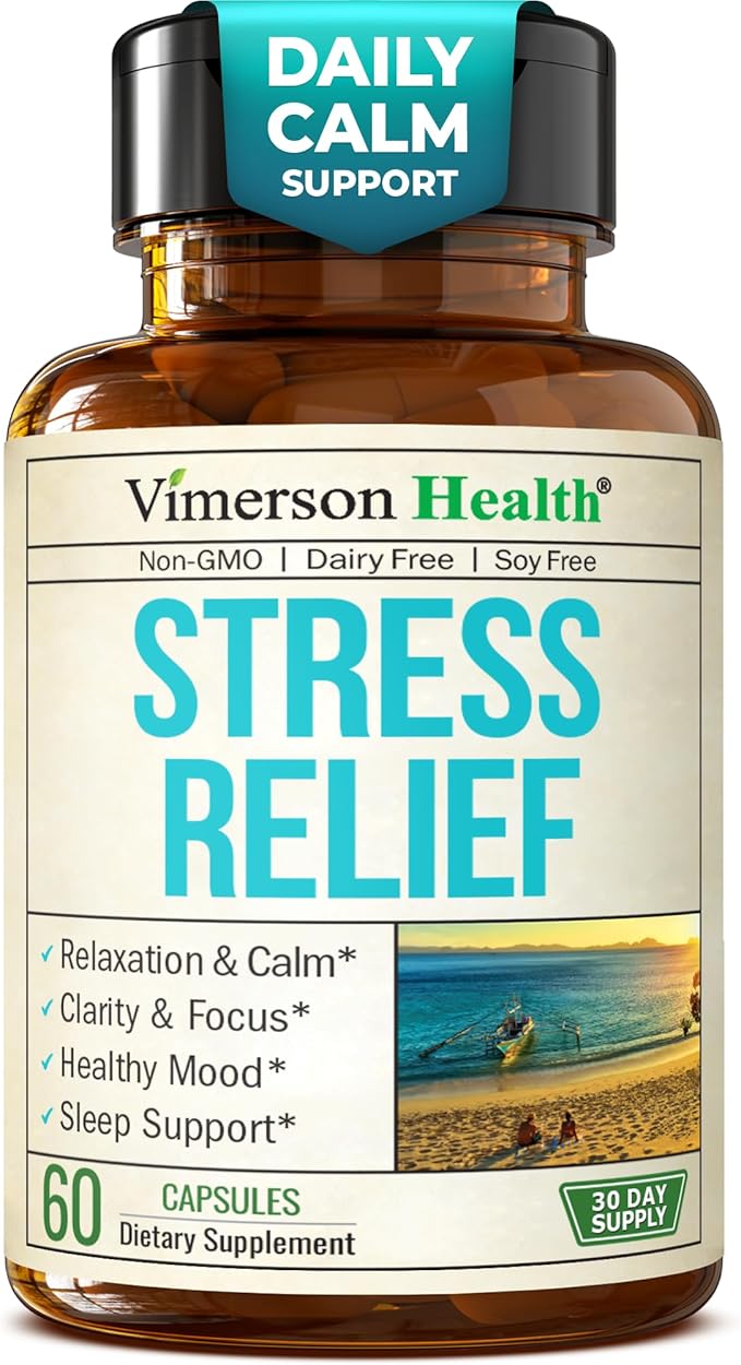 Stress Relief Supplement with 5HTP Ashwagandha Valerian St John’s Wort GABA Chamomile &amp B-Vitamins - Promotes Relaxation Sleep Calm &amp Balanced Mood Energy &amp Focus. Vegan Non-GMO