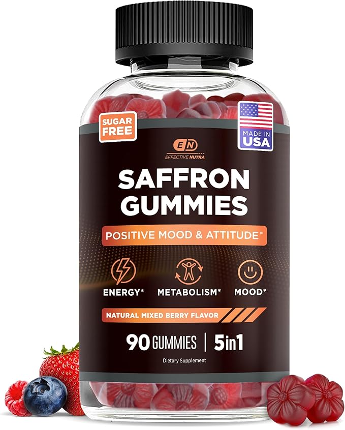 Effective Nutra Saffron Gummies for Adults 88.5mg - Mood Support &amp Stress Relief with GABA Passion Flower - 5-in-1 Formula - Sugar-Free Vegan Non-GMO Made in USA - 90 Count (45-Day Supply)