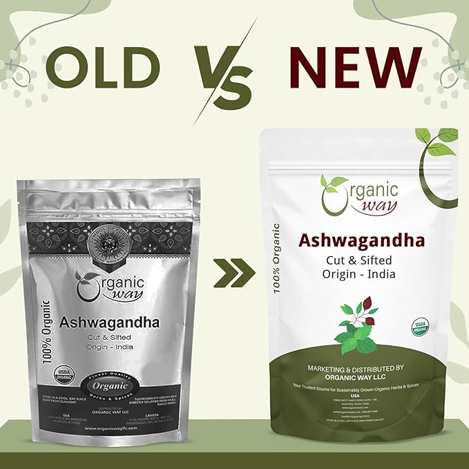 Organic Way Ashwagandha Root Cut &amp Sifted (Withania somnifera) - Organic &amp Kosher Certified | Vegan Non GMO &amp Gluten Free | USDA Certified | Origin - India (1LBS / 16Oz.)