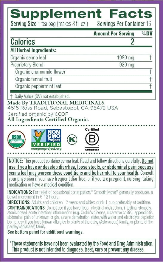 Traditional Medicinals Organic Smooth Move Chamomile Laxative Tea 16 Tea Bags (Pack of 6)