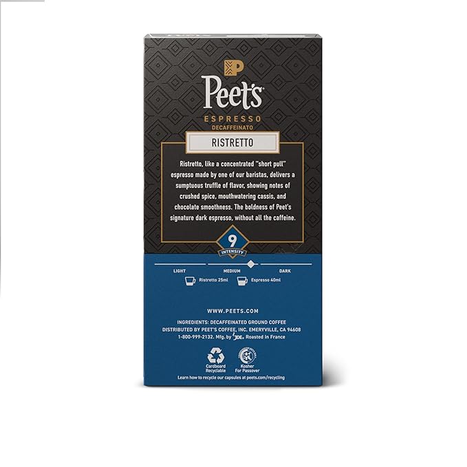 Peet's Coffee Medium Roast Decaf Espresso Capsules Compatible with Nespresso Original Machine Decaffeinated Arabica Coffee - Decaf Ristretto Intensity 10 100 CT (10 Boxes of 10 Espresso Capsules)