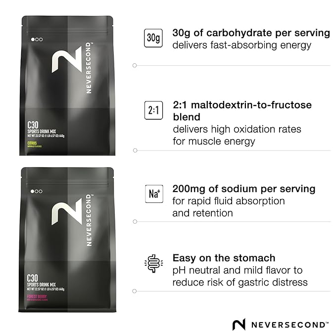 Neversecond C30 Sports Drink High-Performance Electrolyte Hydration &amp Nutrition Never2 Sports Drink Mix for Triathlons Cycling &amp Marathons – Forest Berry - (640g 20 Serving-Count)