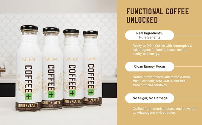 Vai Dai Coffee Black 12-pack 12 Fl Oz - Lightly Sweetened Ready-to-Drink Functional Adaptogens &amp Nootropics for Energy Focus &amp Mental Clarity with Lion’s Mane Ashwagandha Mushrooms &amp