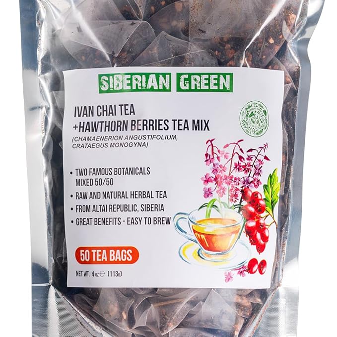 Siberian Green Ivan Chai Tea and Hawthorn Berry – 50-Pack Herbal Tea Bags – Natural and Pure Botanical Herbs From Altai Siberia