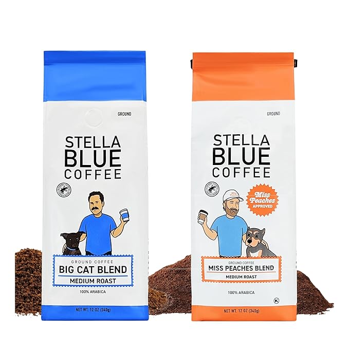 Stella Blue Ground Coffee Variety Pack Big Cat Blend And Miss Peaches Blend Medium Roast Arabica Coffee Smooth Balanced Flavor With Caramel Citrus And Fruity Notes Ethically Sourced 12 oz Bags