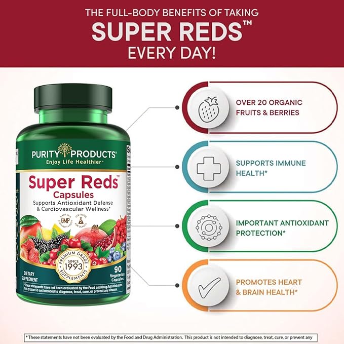 Purity Products Super Reds Capsules Formula (20+ Organic Super Fruits and Berries) Certified Organic Phytonutrients - 90 Capsules (Pack of 2)