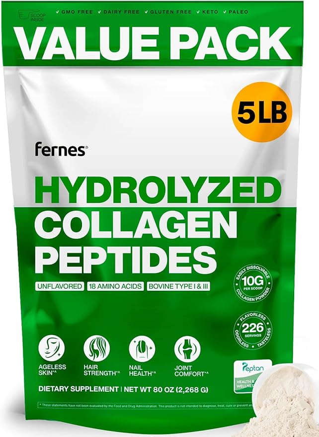 Collagen Powder for Women Men (5LB) Type I &amp III Flavorless &amp Odorless Easy-Mix Hydrolyzed Peptan Protein Peptides Joint Hair Skin &amp Nail Support Gluten-Free Non-GMO Keto Paleo Grass-Fed K
