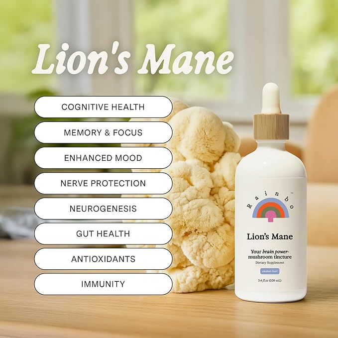 Rainbo - Lion's Mane Mushroom Tincture - Alcohol Free - Dual Extract Mushroom Supplement - Brain Support Focus Memory Liquid Lion's Mane Supplement Vegan Non-GMO 3.4 fl oz.