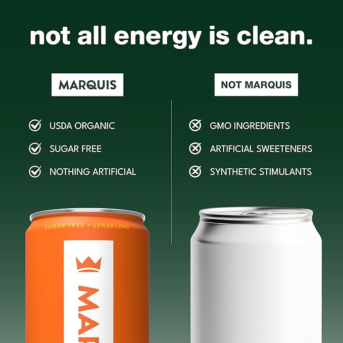 Marquis Natural Energy Drinks Sugar Free Zero Calories 100mg Organic Plant Based Caffeine Yerba Mate Green Tea &amp Green Coffee - Vitamin C &amp Bs - Mango Ginger Healthy Energy Drink - 12oz Cans