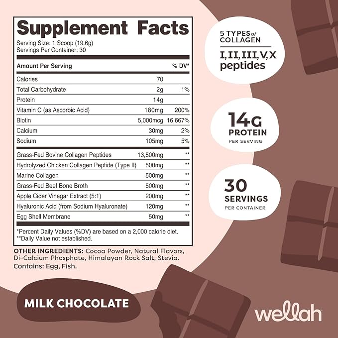 Wellah The Afterglow Multi Collagen Protein + Beauty (30 Servings Chocolate) - Hair Skin Nail &amp Joint Support - Non-GMO &amp Gluten Free